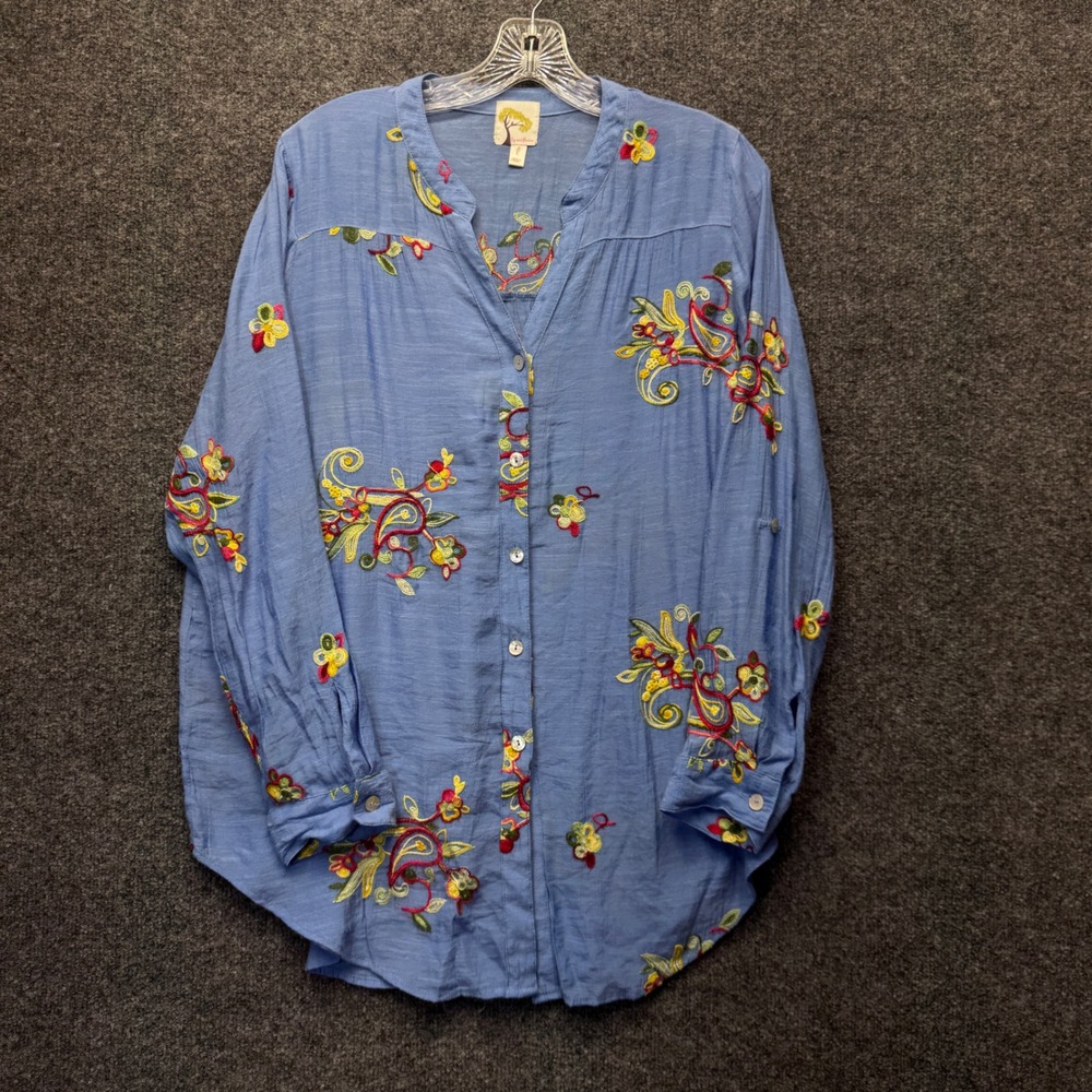 Fig and Flower Embroidered Blouse Womens L Blue Floral Boho Peasant ROX3643